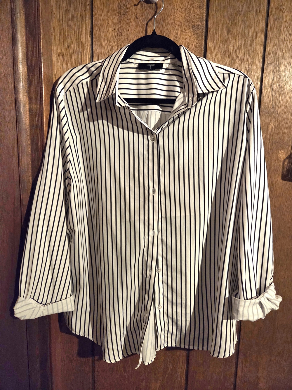 Tahari Black and White Vertical Stripe Button-Down Shirt
